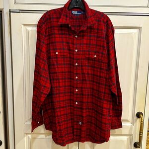POLO BY RALPH LAUREN MENS COTTON FLANNEL RED & BLACK PLAID SHIRT WITH 2 POCKETS